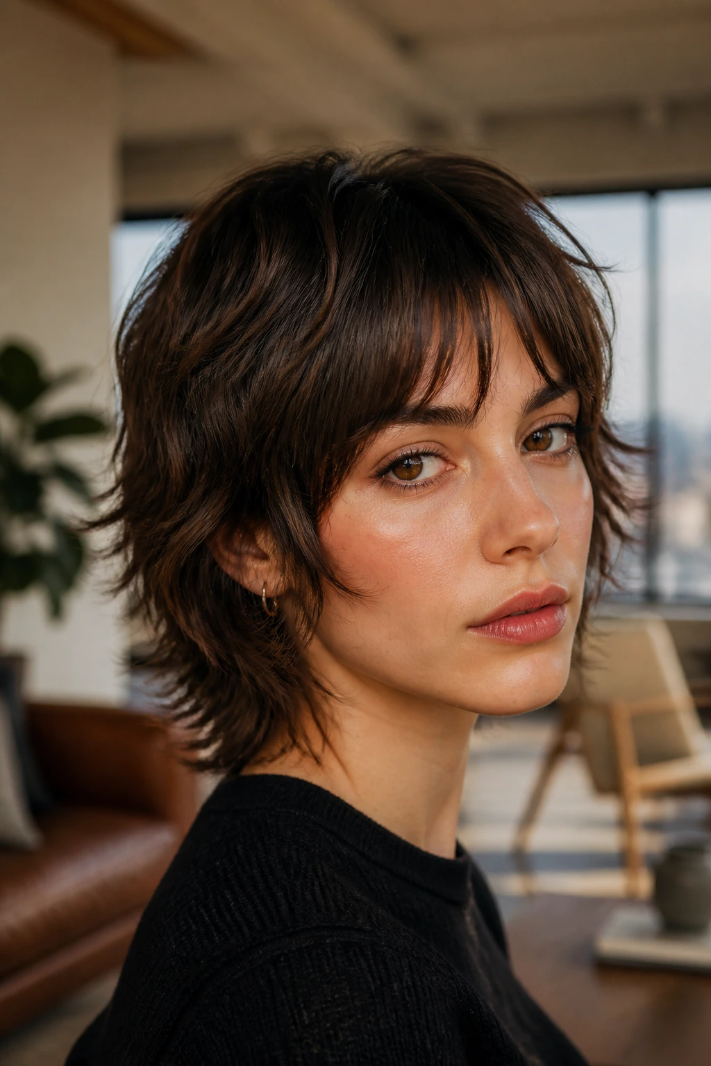 Close-up of a real person with short wolf cut and bottleneck bangs