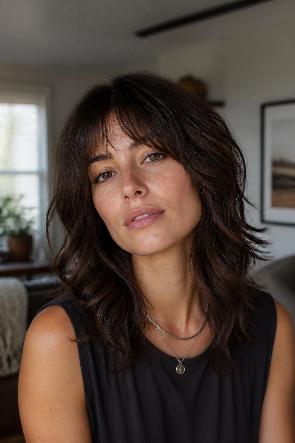 Close-up portrait of a real woman with a Wavy Wolf Cut With Broken Bangs in warm window light