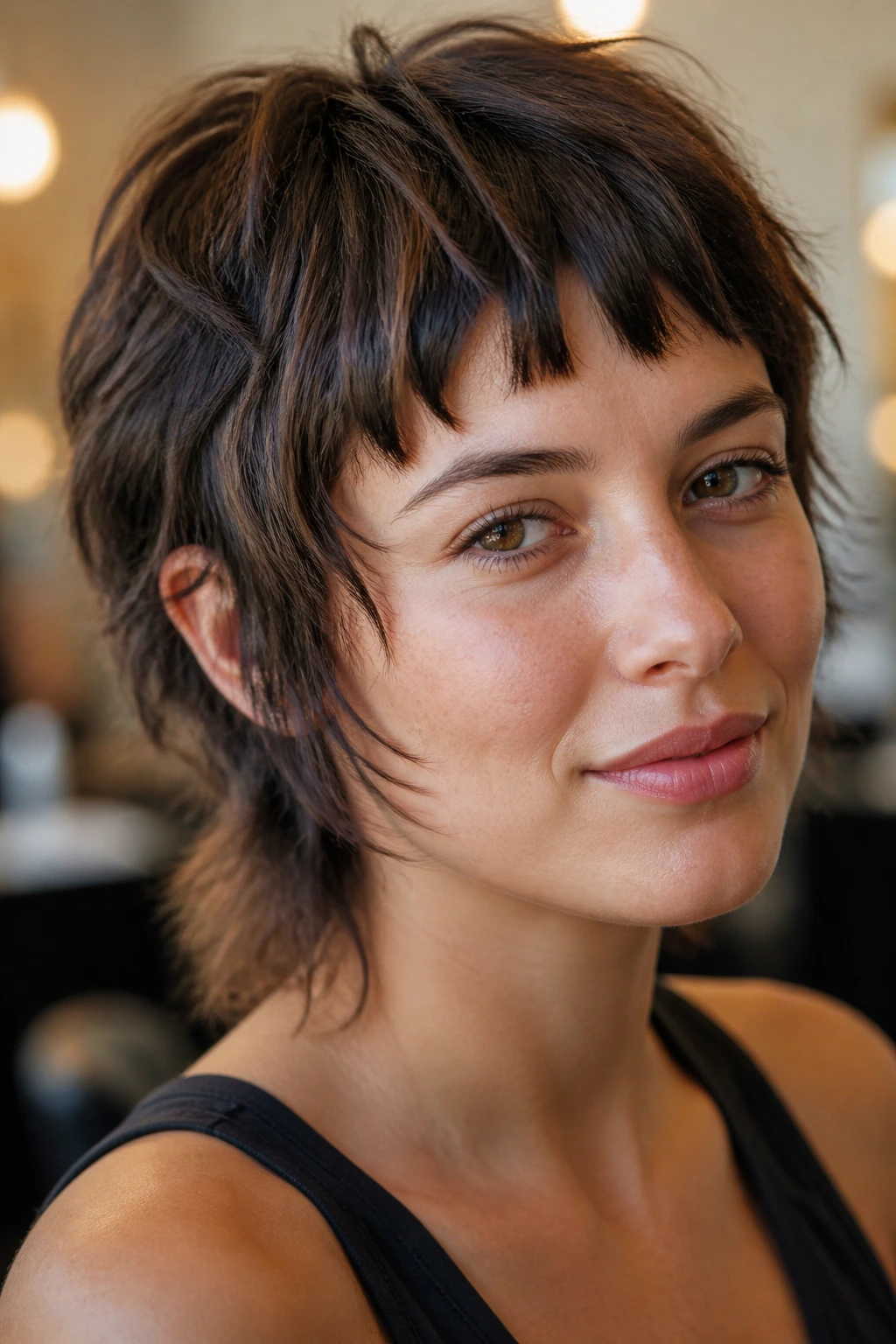 Close-up portrait of a real person with a wolf cut and broken fringe