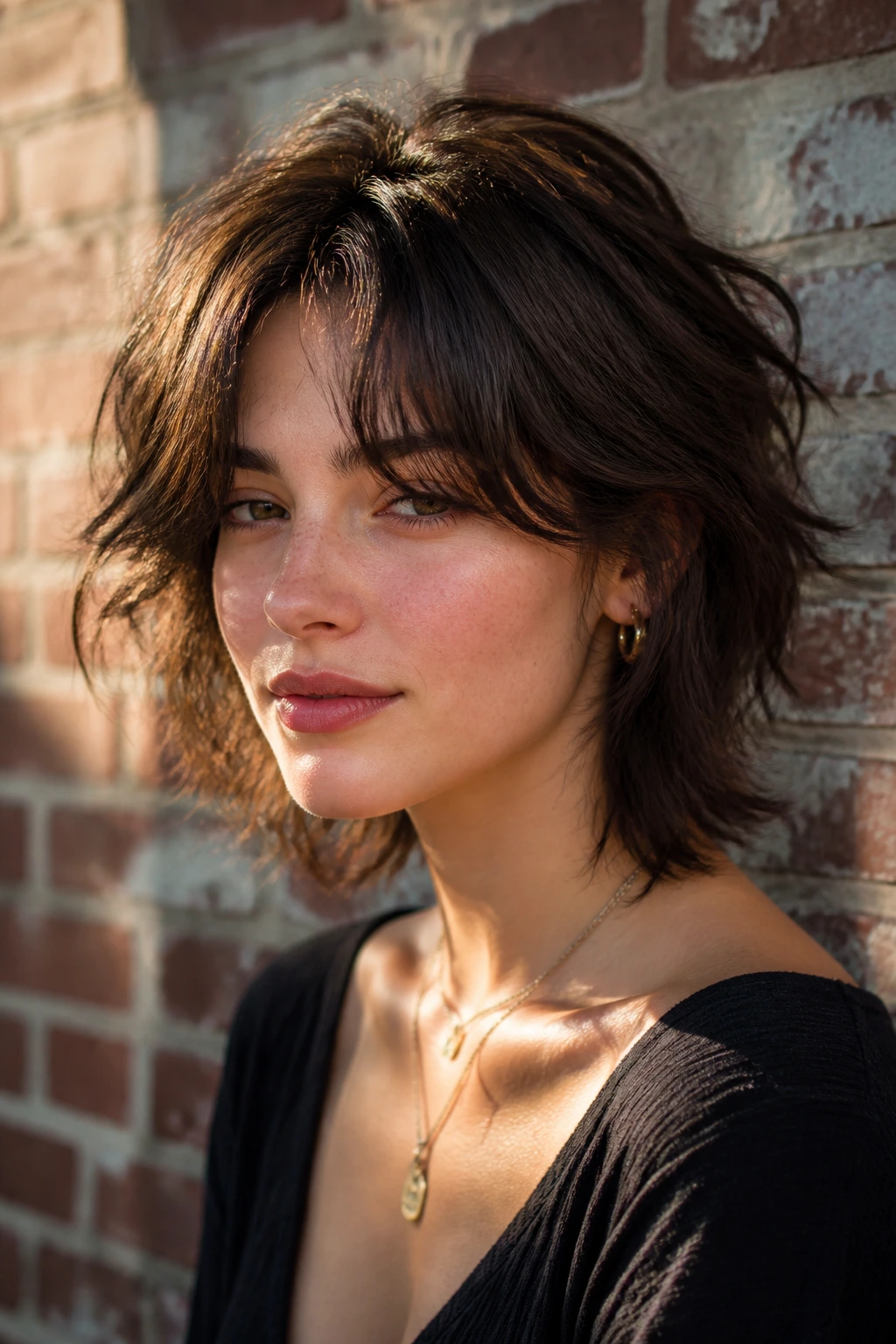 Close-up of a real woman with wolfish butterfly crop and curtain fringe