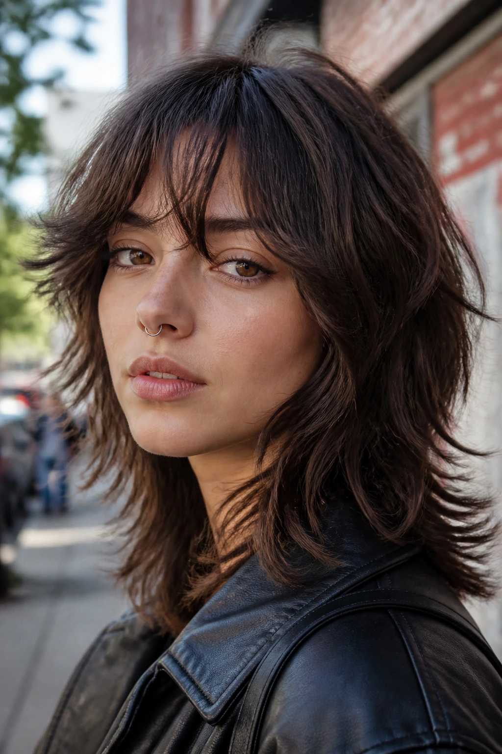 Close-up of a real person with a wolf cut and choppy center fringe in daylight outdoors