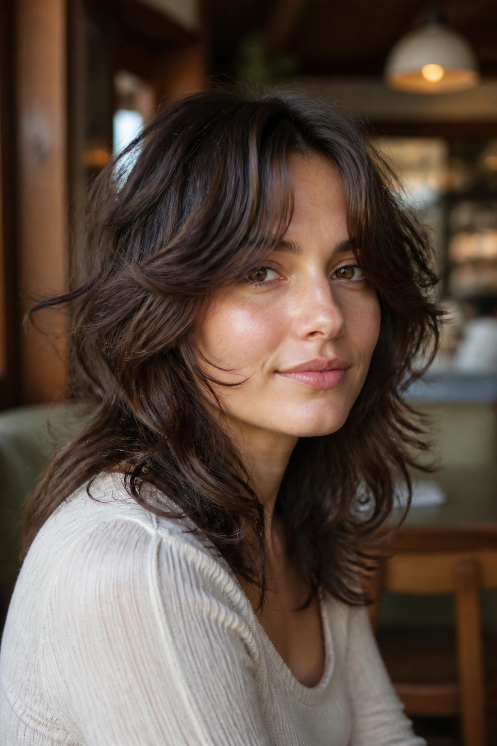 Close-up portrait of a real woman with cheekbone-framing wolf cut.
