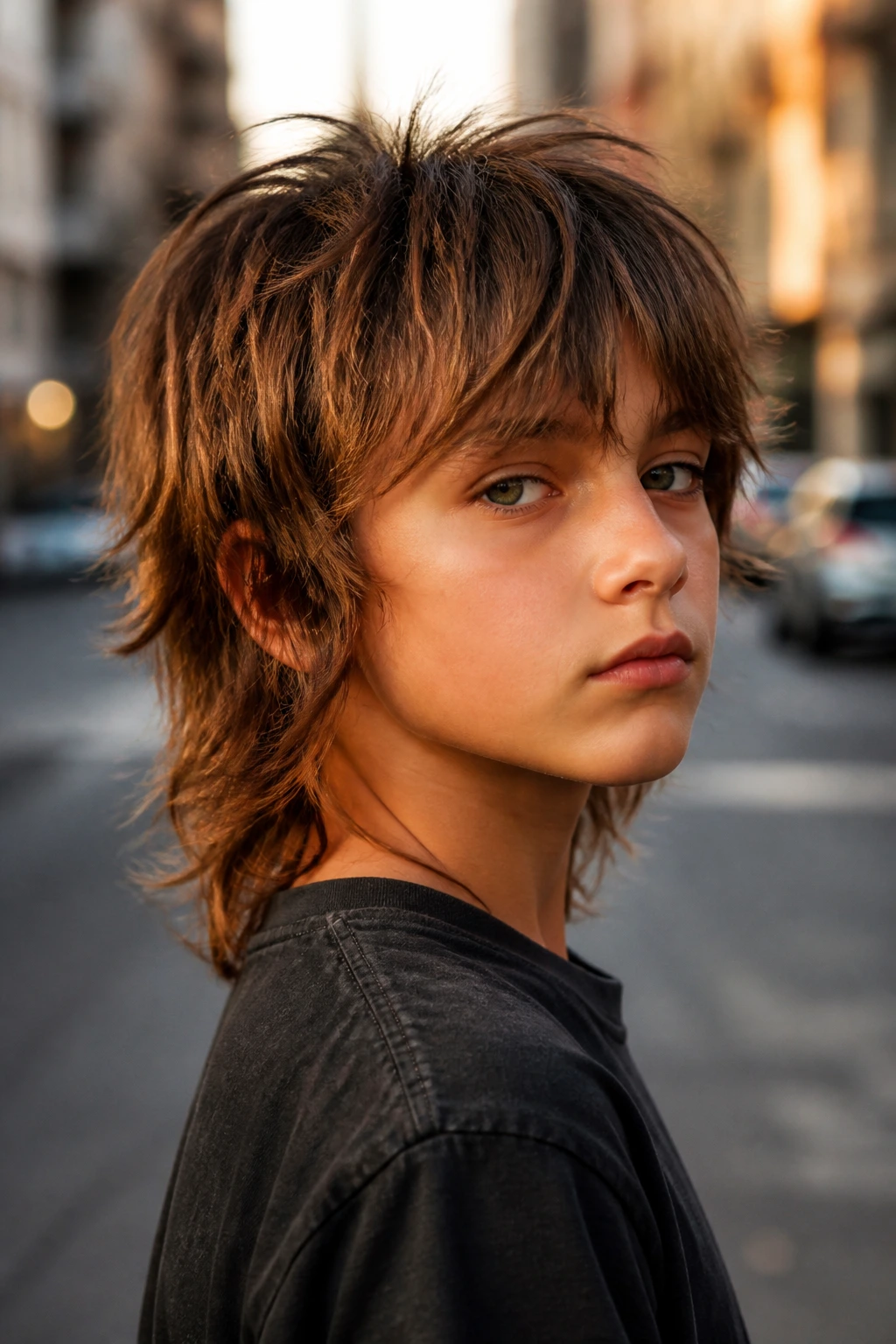Child with wolf cut hairstyle on an urban street