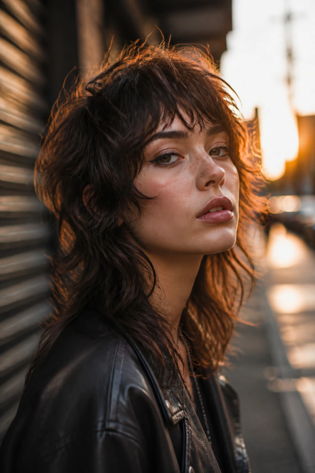 Portrait of a real person with choppy edge wolf cut and jagged textured ends.