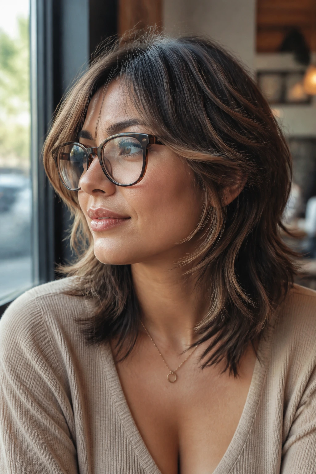 Close-up portrait of a real woman with the modern wolf cut at the collarbone and glasses, soft cafe window light.