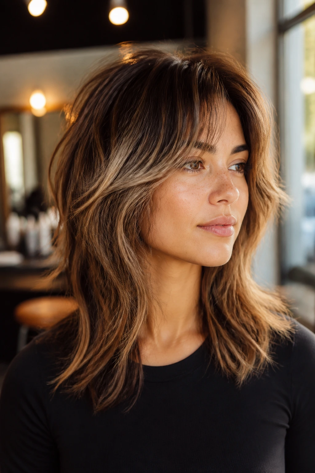 Real person with wolf cut photographed in three-quarter profile showing dimension.