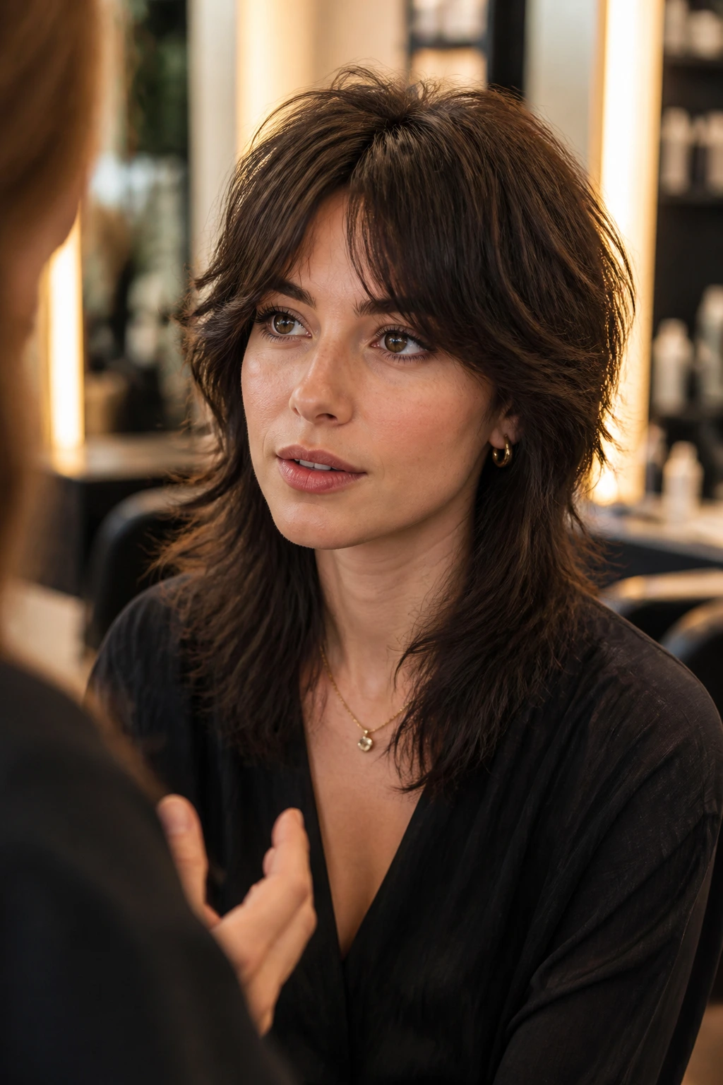 Real woman in a salon asking for the cut, showing cheekbone-length curtain bangs