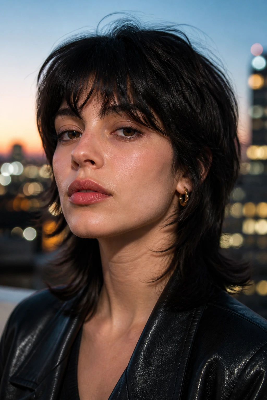 Real person with wolf cut and controlled edge on rooftop at dusk