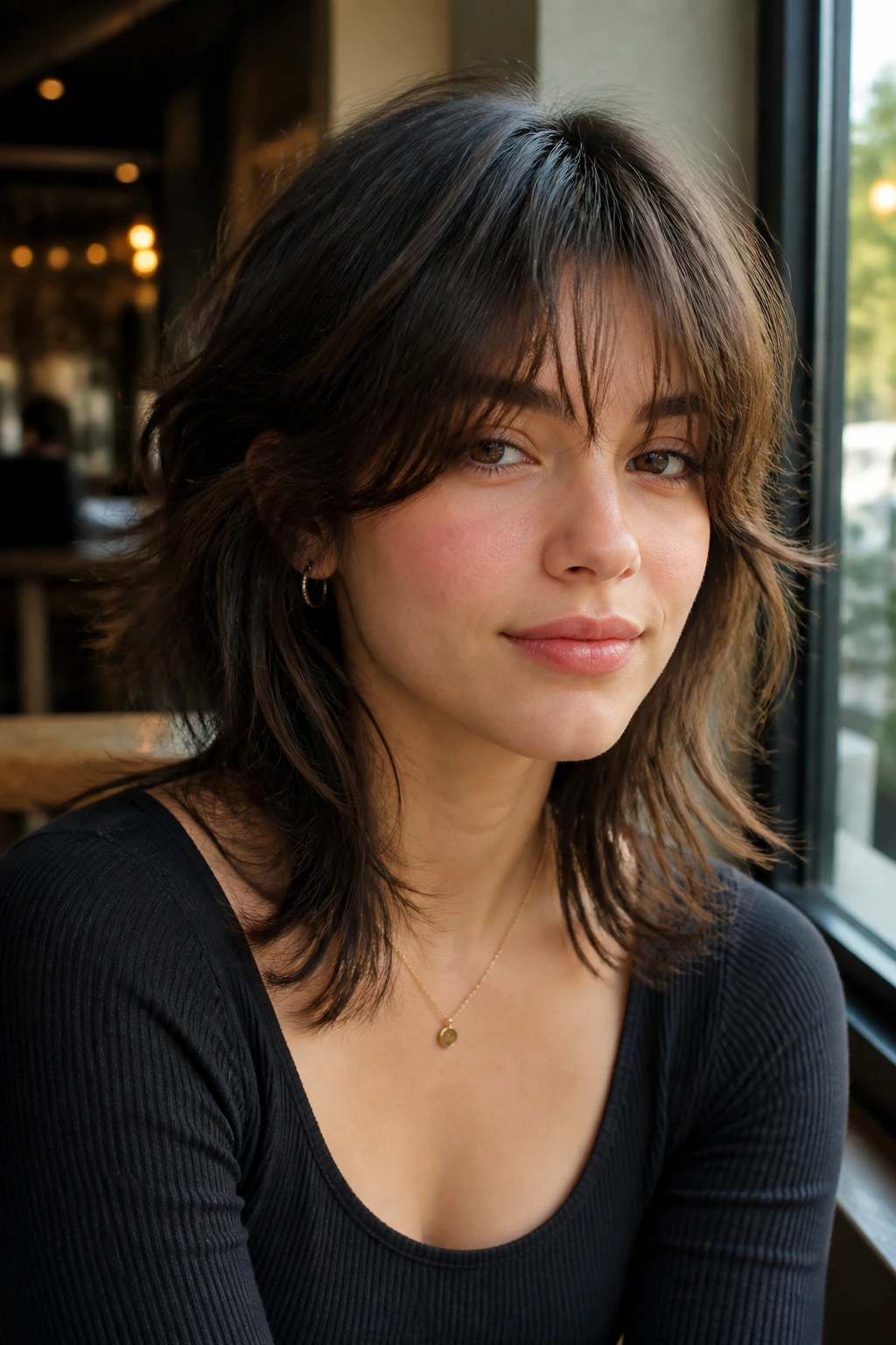 Portrait of a real person with a controlled-volume wolf cut in cafe daylight
