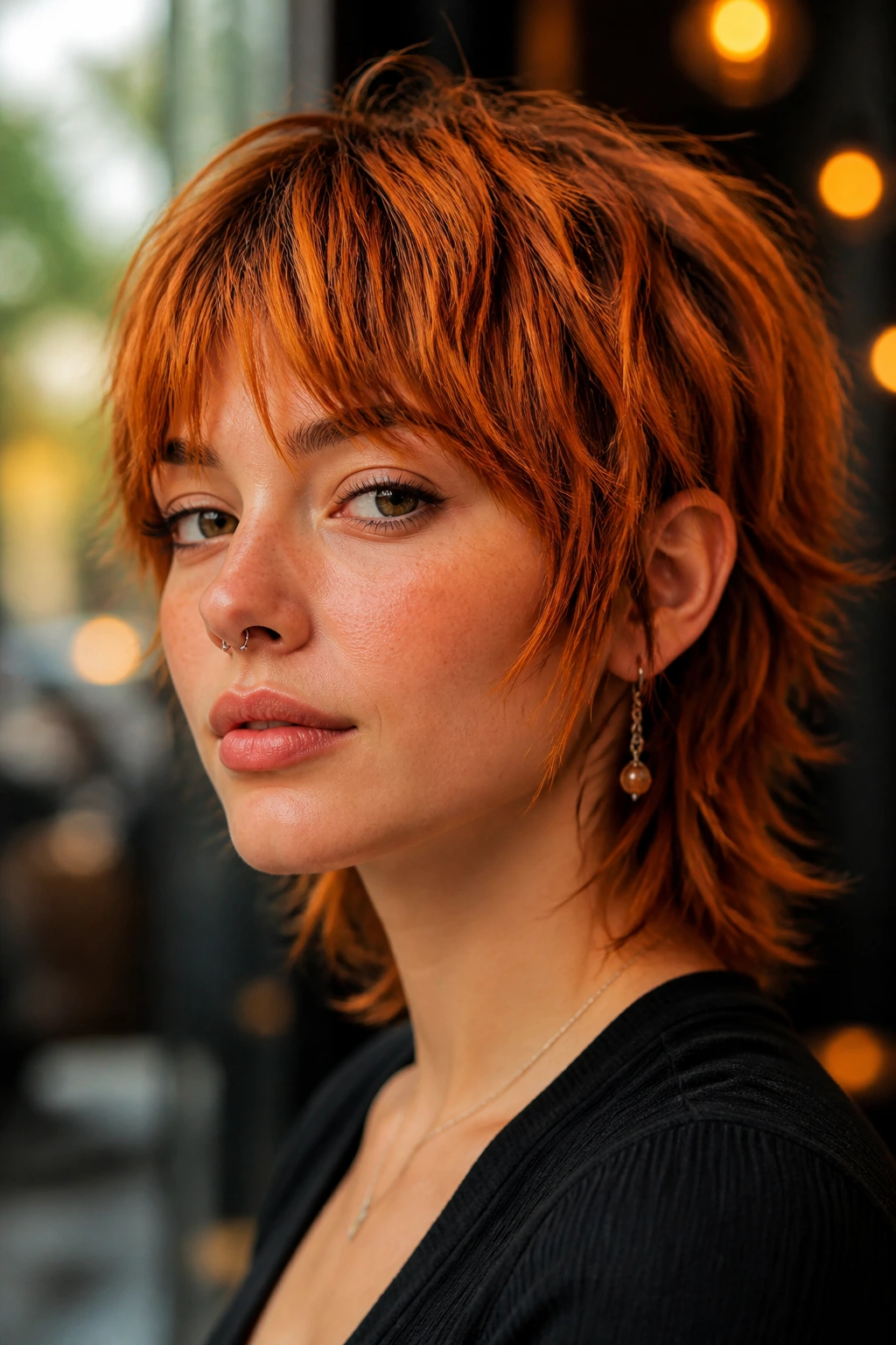 Real woman with Copper Flame Wolf Cut in warm cafe light