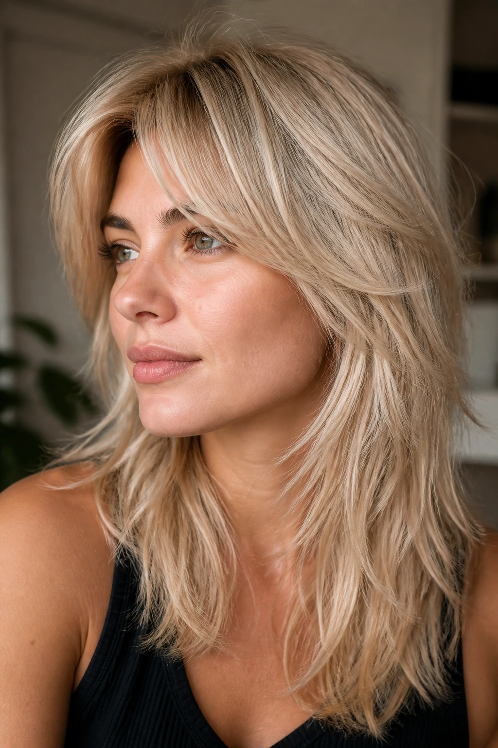 Close-up portrait of a woman with a soft wolf cut in creamy blonde