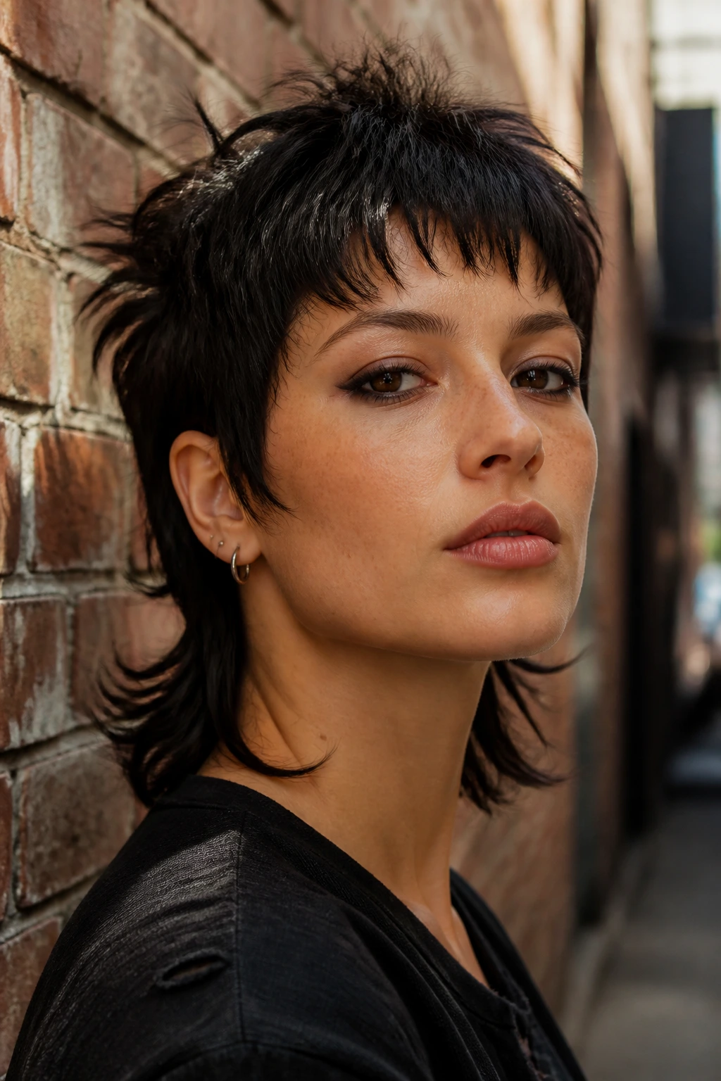 Close-up portrait of a real woman with a wolf cut crop against brick wall in warm daylight.