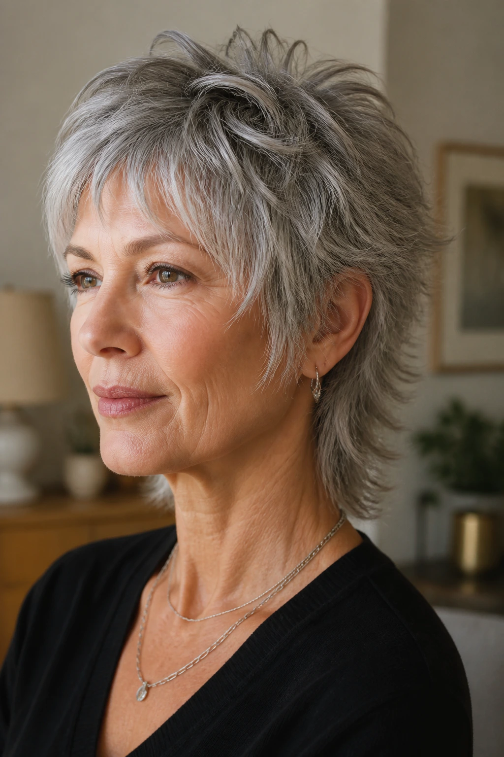 Close-up portrait of a woman with a wolf cut crop