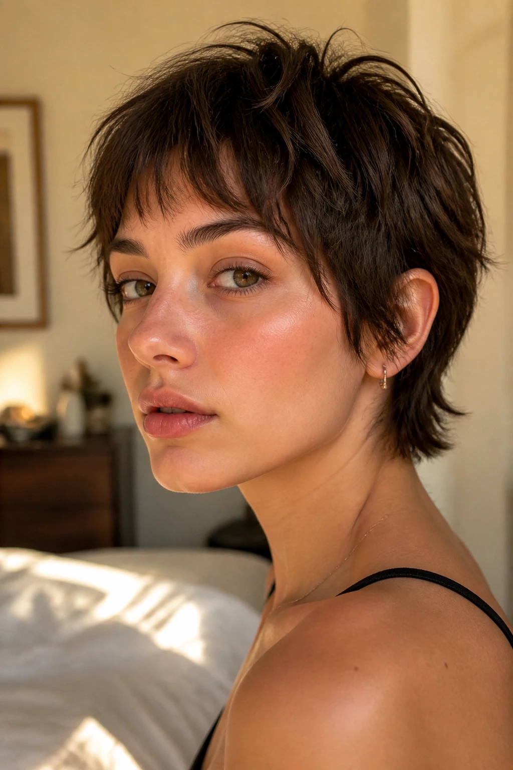 Real woman with Cropped Shag Wolf Cut in warm window light