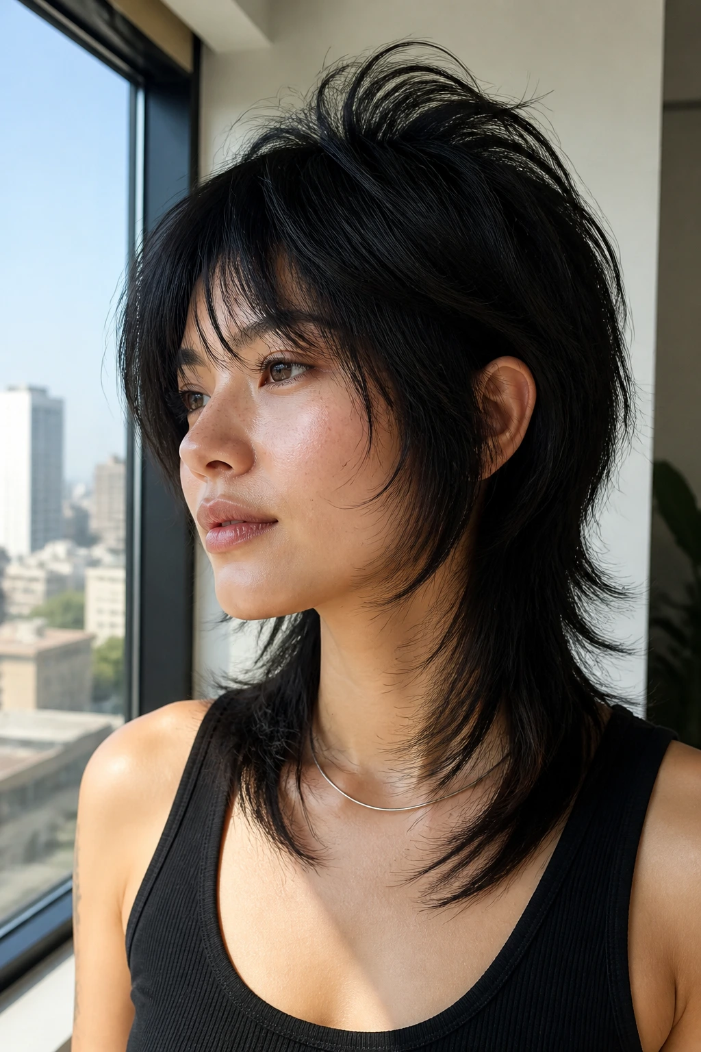 Portrait of a real person with a wolf cut highlighting crown lift and edge.