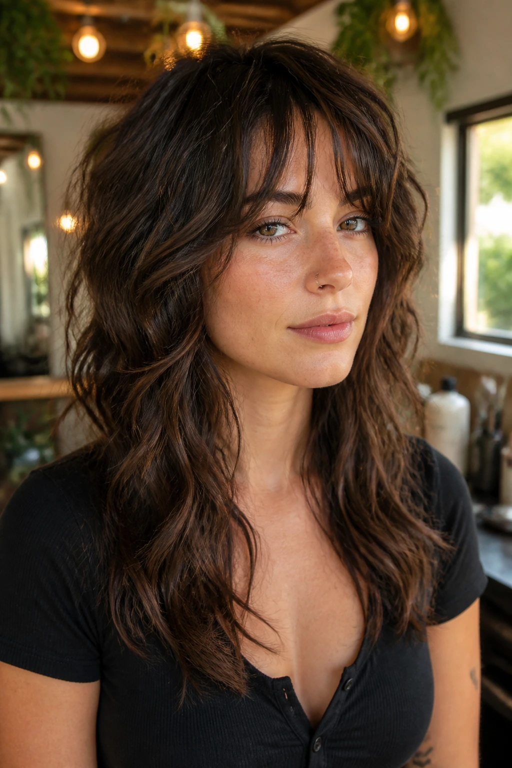 Close portrait showing crown lift and wispy fringe on a long wolf cut