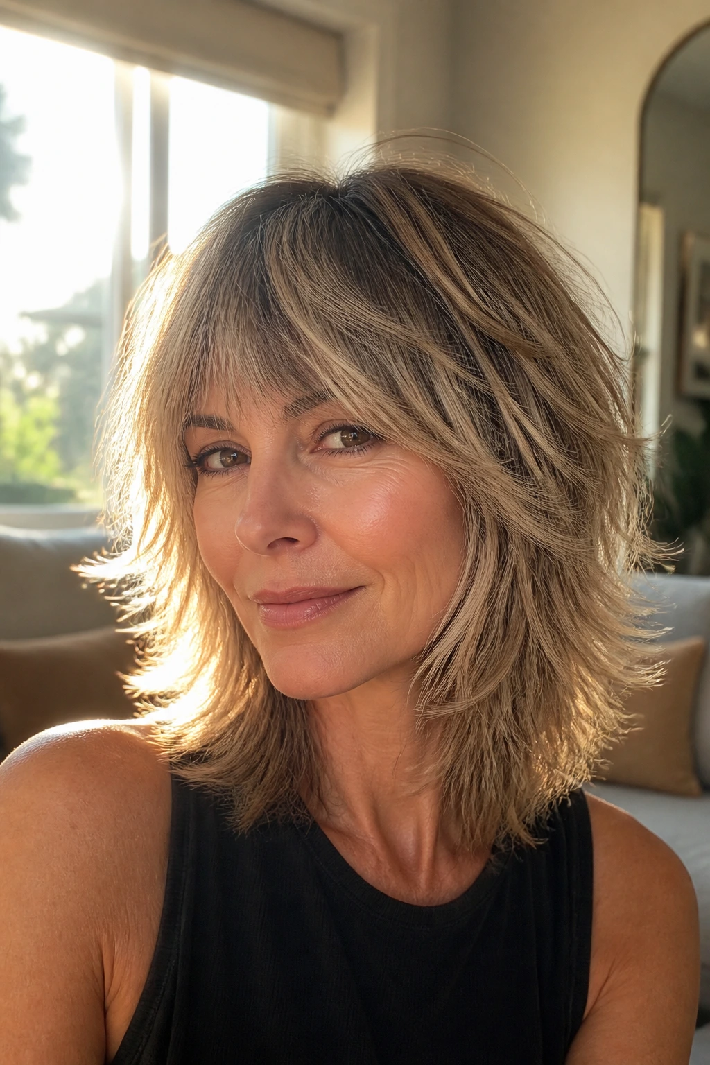 Close-up portrait of a real woman with a wolf cut showing a strong bottom line and crown lift in warm indoor light