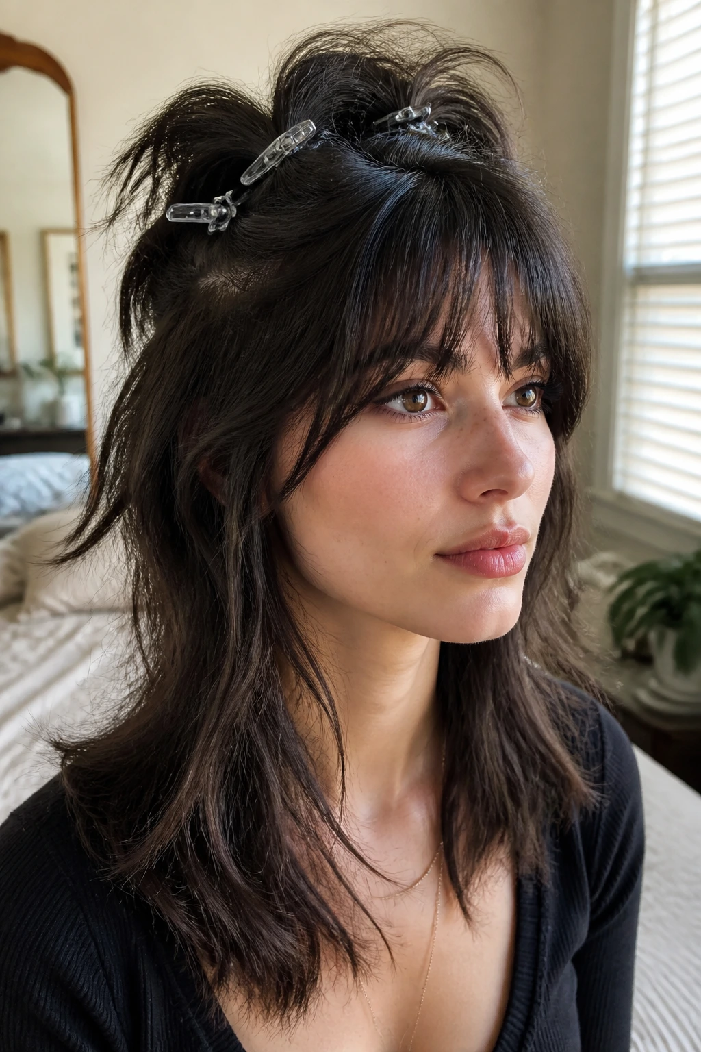 Close-up of real woman with wolf cut crown lifted by clips to prevent flattening