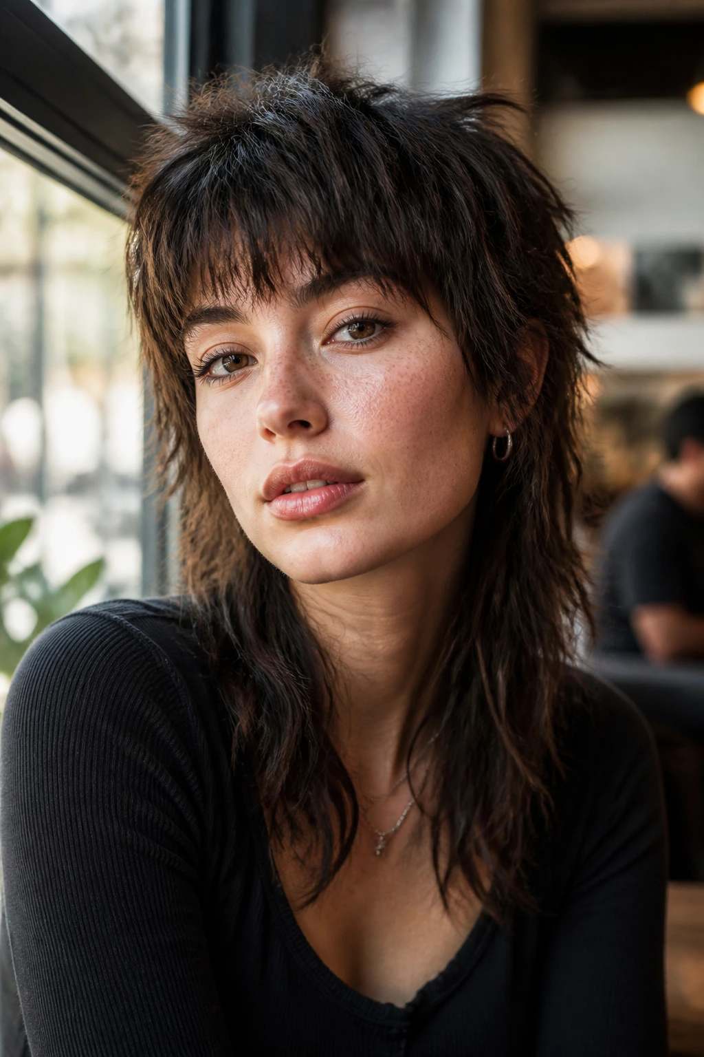 Close-up portrait of a real person with a wolf cut featuring a choppy crown texture, warm natural light in a cafe setting.