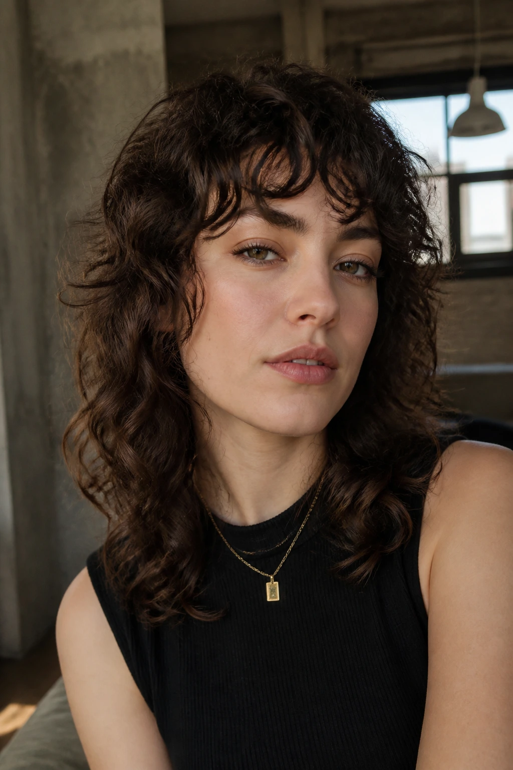 Close-up of a real woman with curly wolf cut and piecey bangs in an urban loft