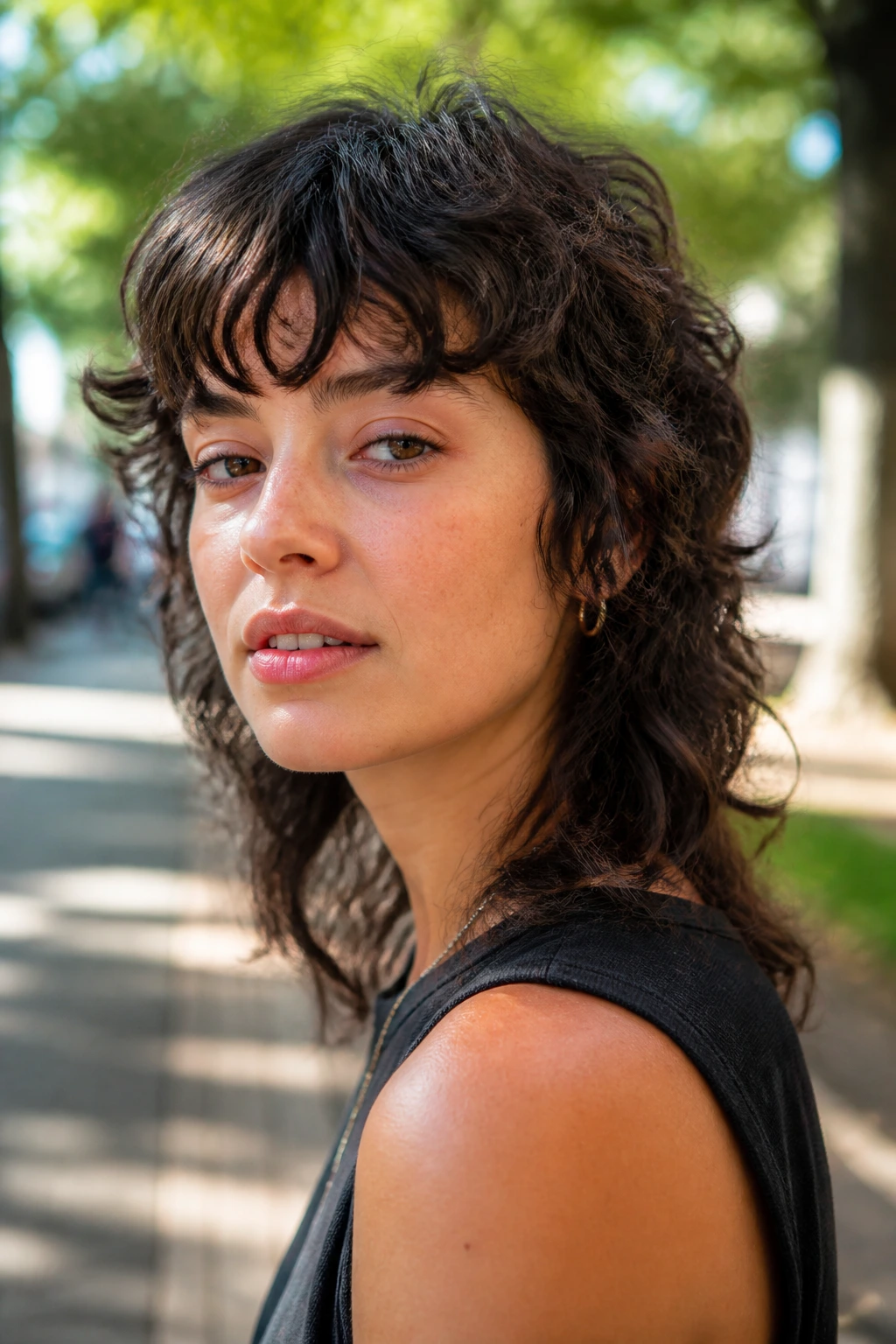 Close-up of a real person with wolf cut and choppy fringe in natural outdoor light
