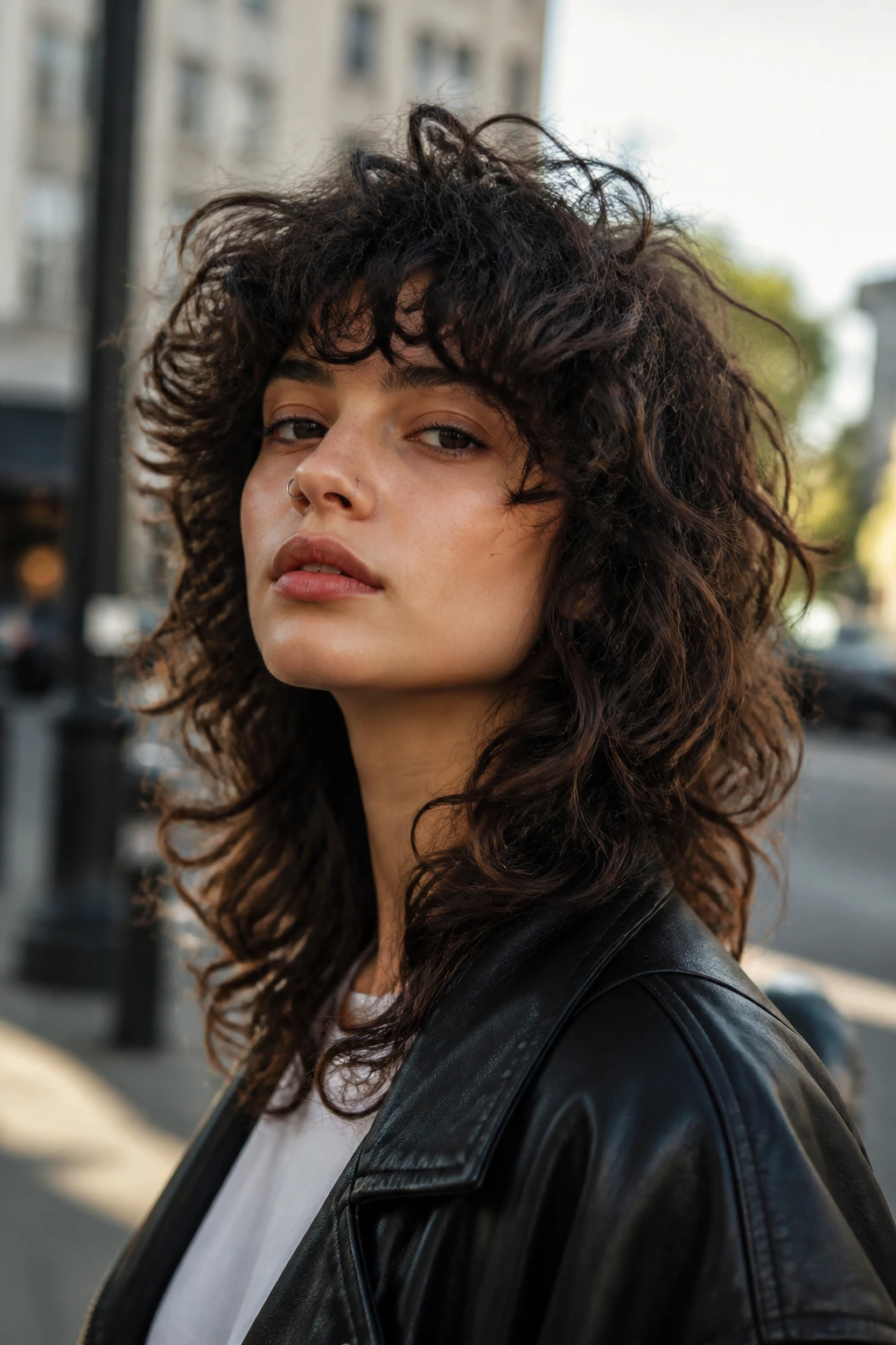 Close-up portrait of a real person with a dramatic wolf cut on thick curls