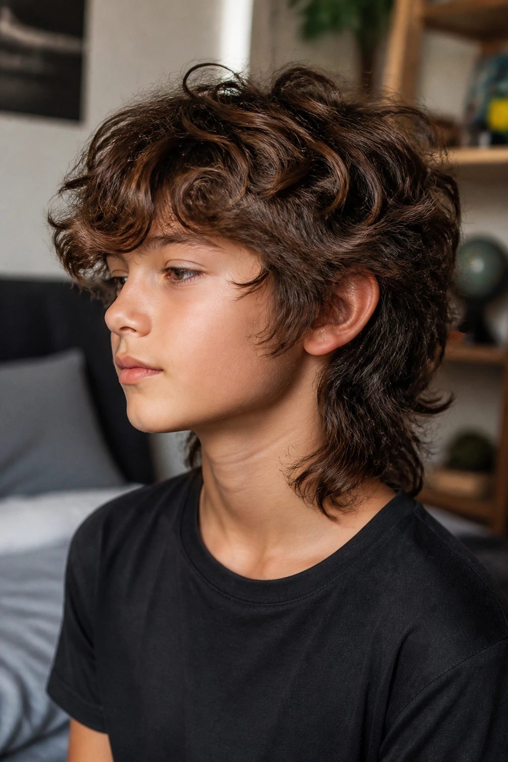Close-up portrait of a real child with a choppy wolf cut showing uneven layers and longer neckline.