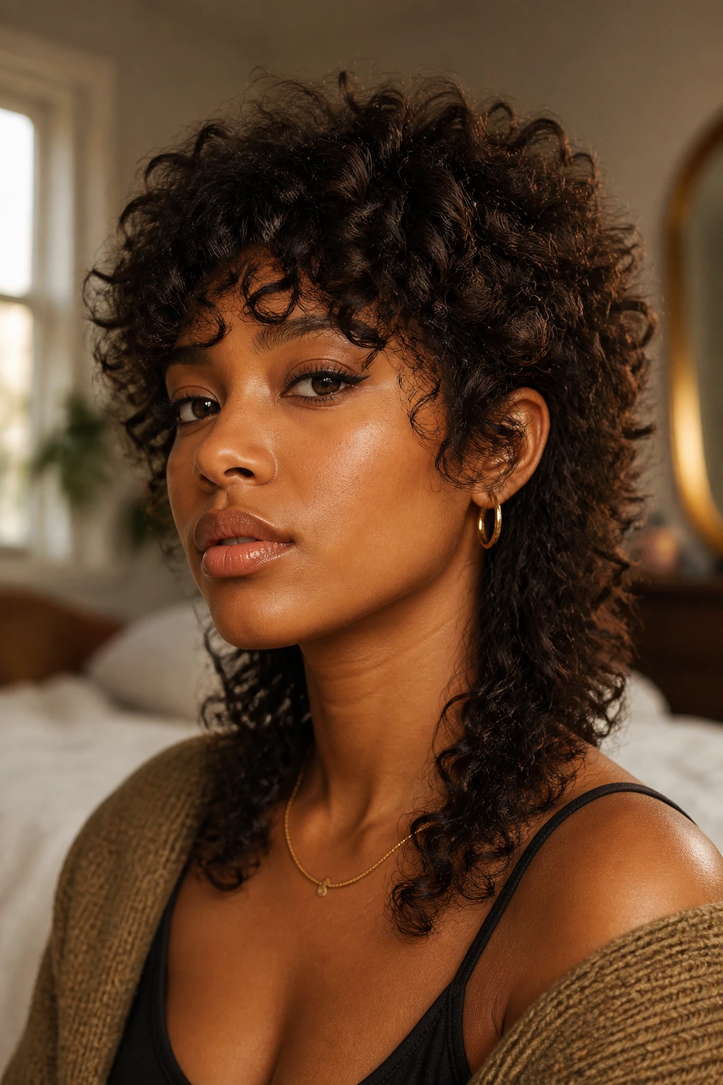 Close-up portrait of a real person with a mid-length wolf cut on 3B curls in warm window light