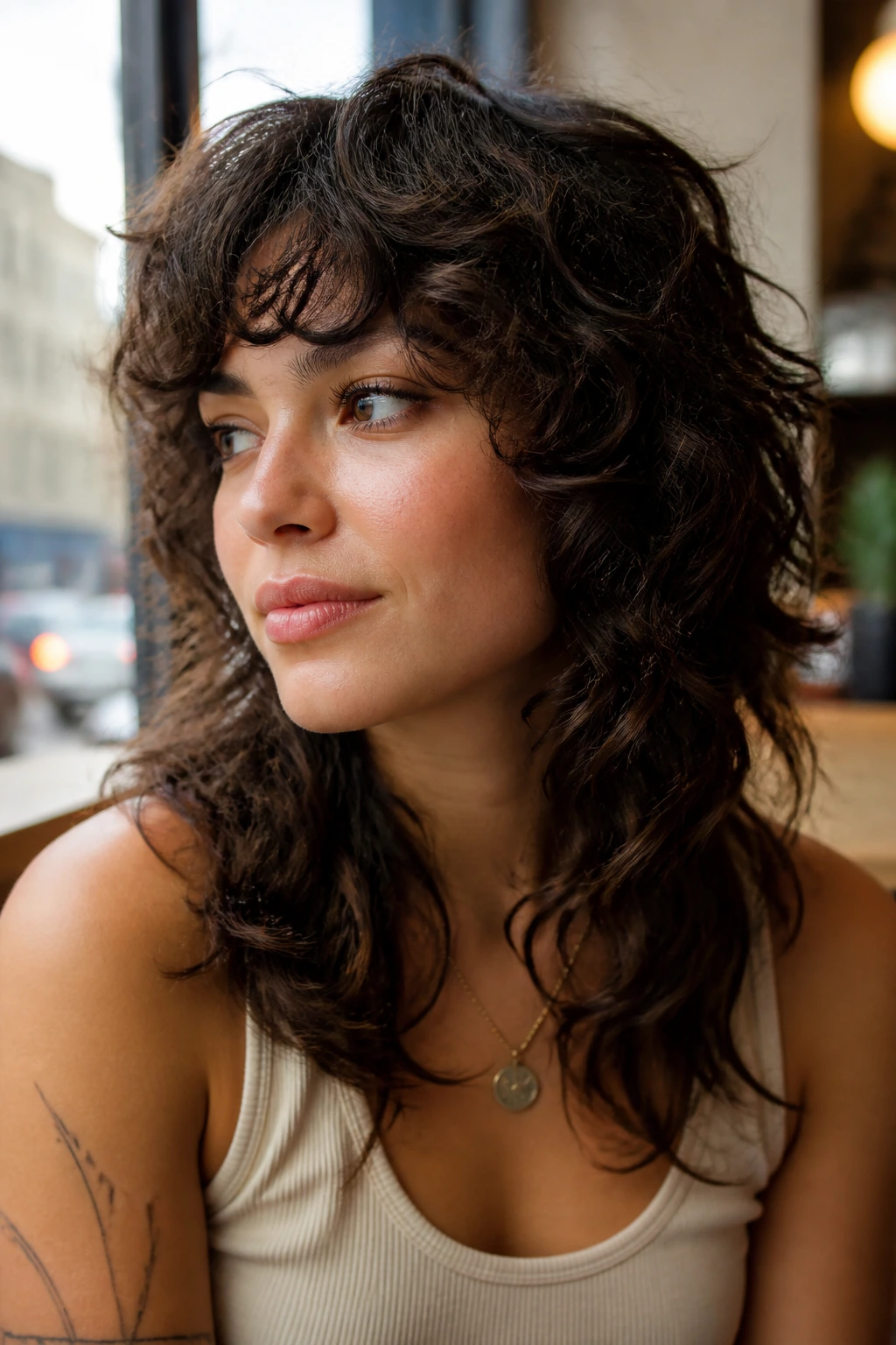 Close-up portrait of a real woman with a wolf cut and soft ends