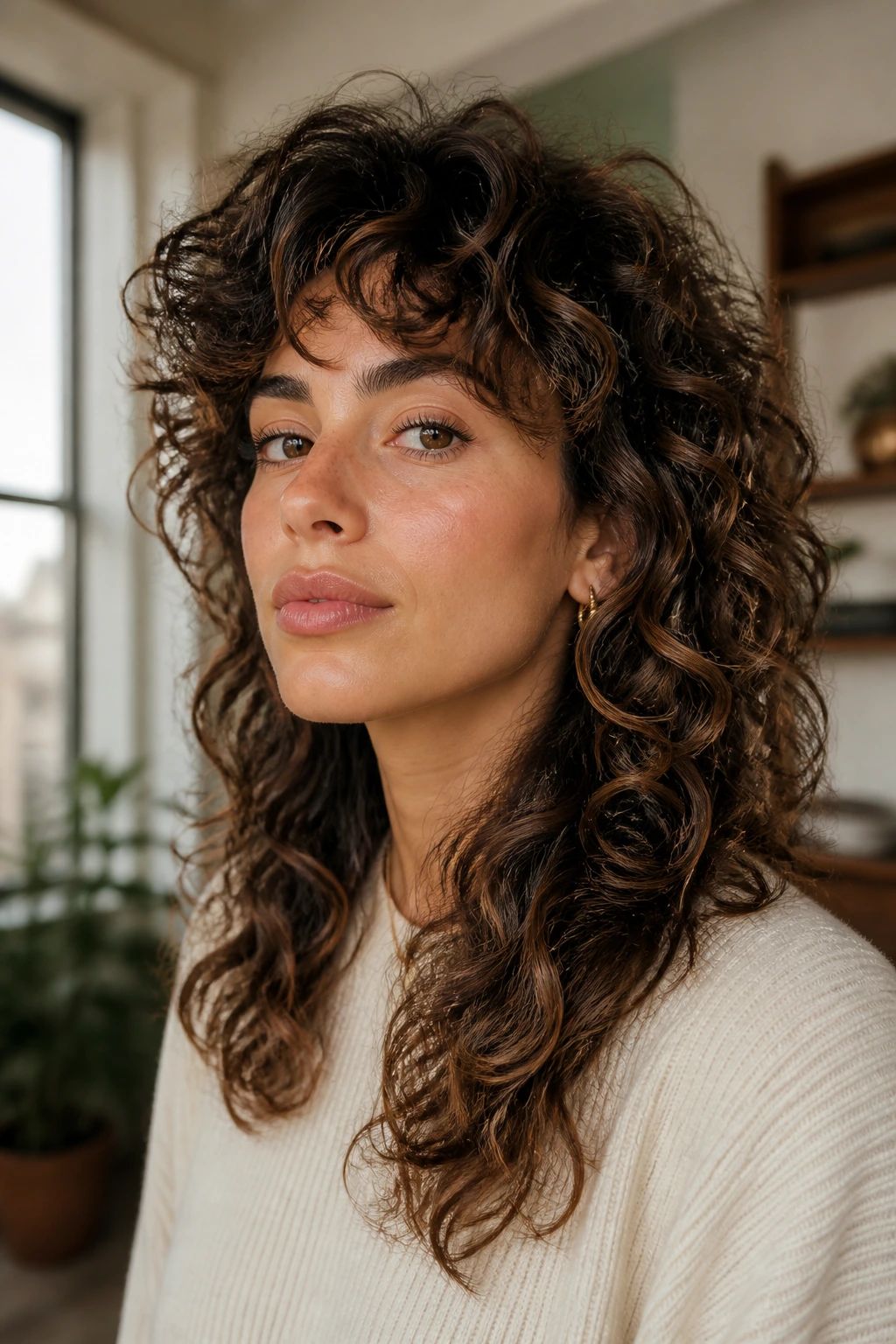 Thick curly hair in soft wolf cut showing top volume and longer back