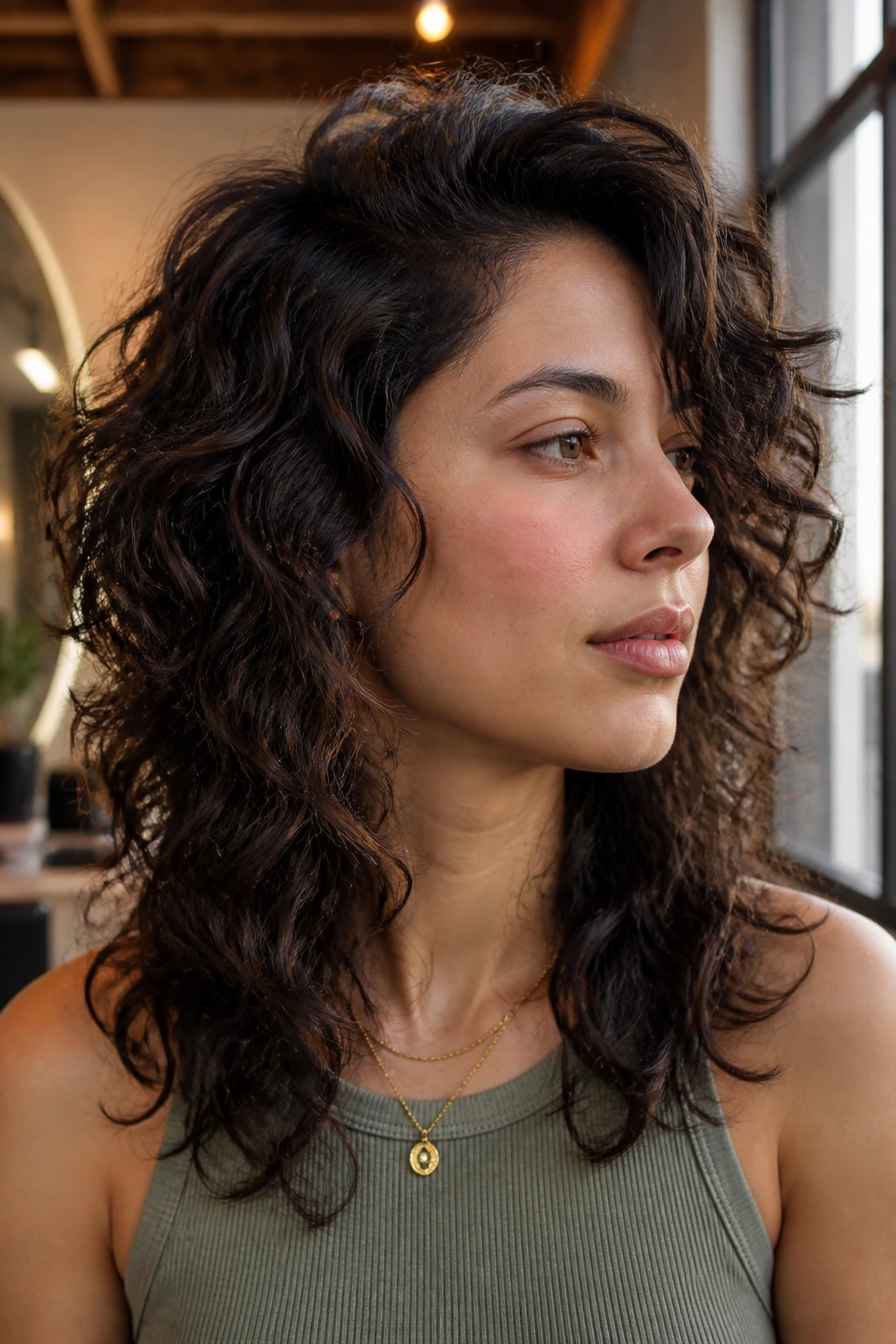 Close-up portrait of a real woman with a deep side-part cascade wolf hairstyle