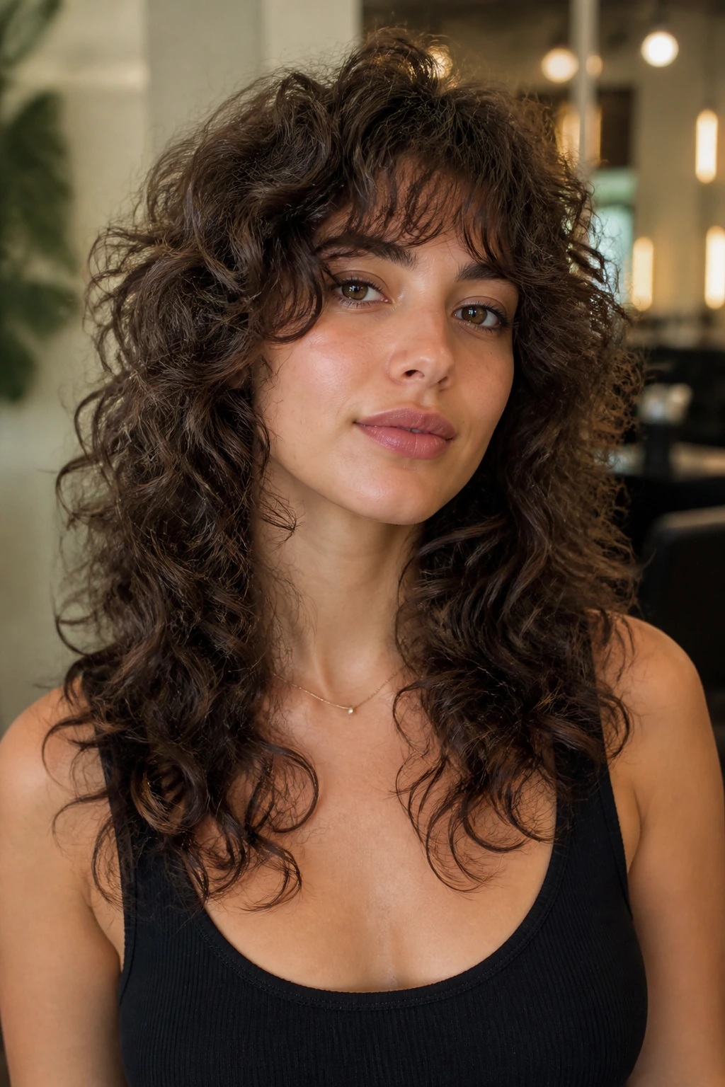 Close-up portrait of a real person with a curly wolf-cut hairstyle