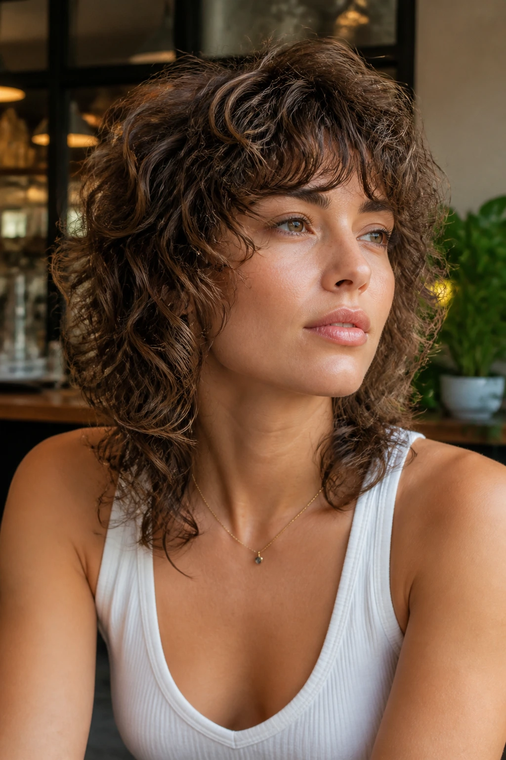 Portrait of a real person with curly wolf cut and long crown layers