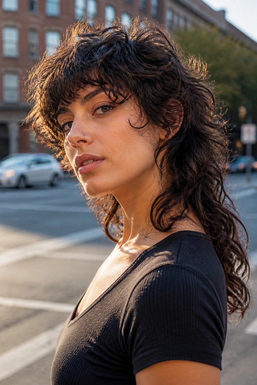 Real woman with curly wolf cut showing a longer back in outdoor light