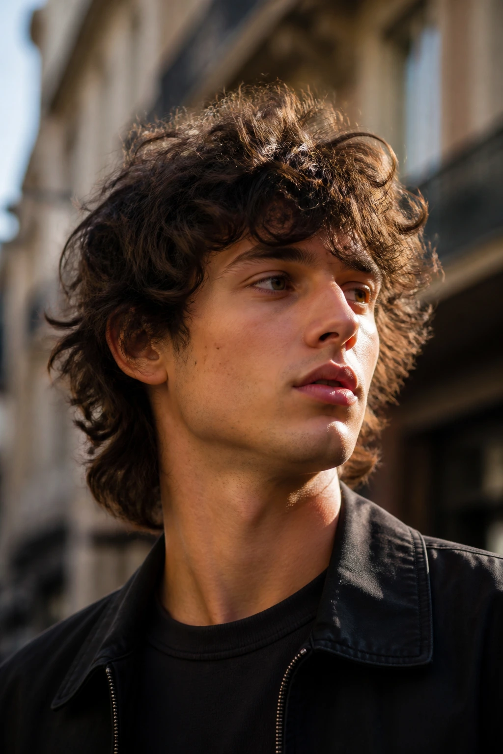 Real man with wolf-cut curly shag in outdoor setting