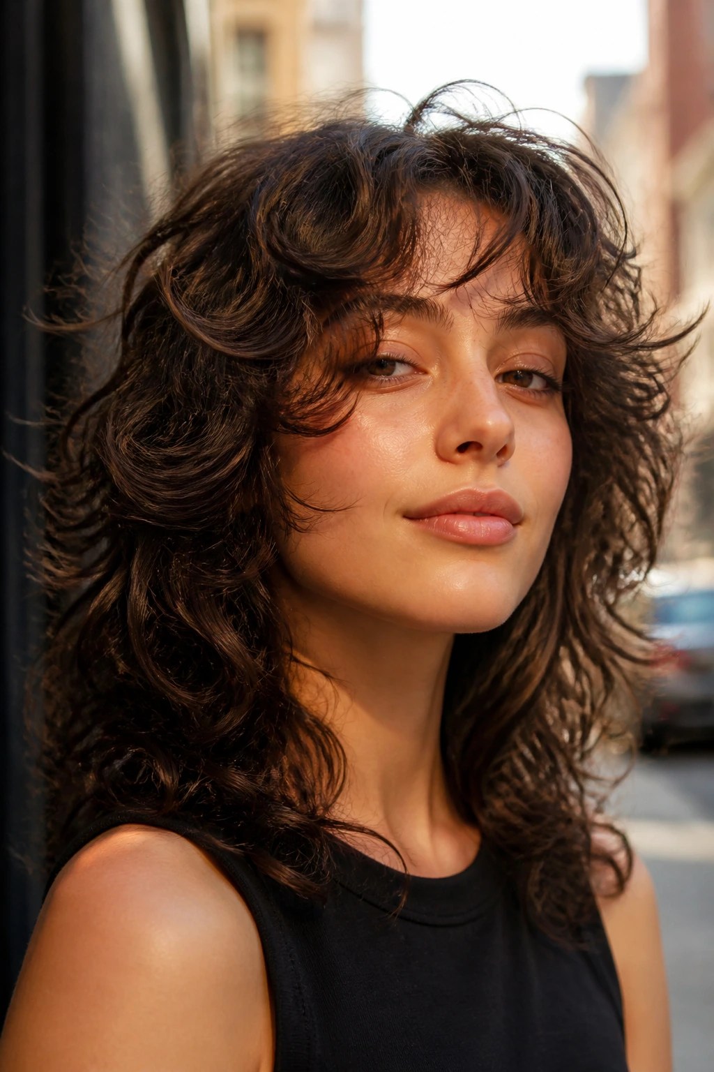 Real woman portrait with wolf cut and airy curtain bangs