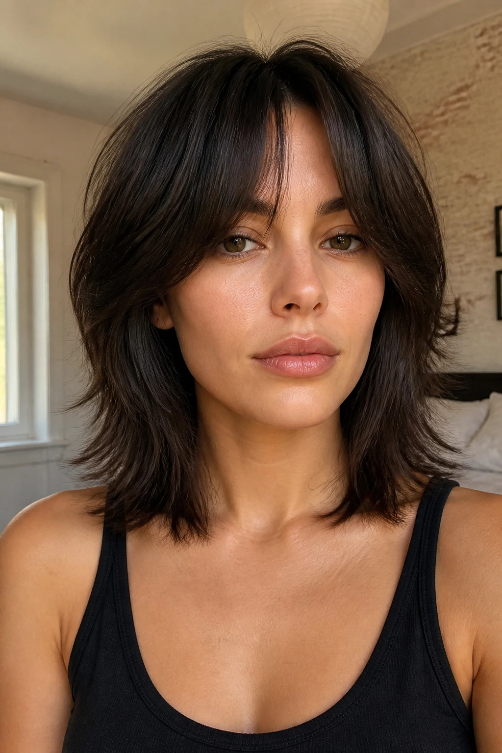 Close-up portrait of a real woman with collarbone-length wolf cut and curtain bangs in warm window light