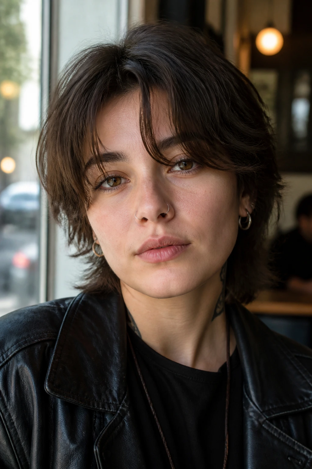 Real person with short wolf cut and curtain bangs portrait.