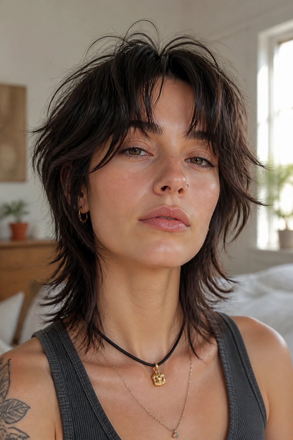 Close-up of a real woman with a messy wolf cut and short curtain bangs under natural window light