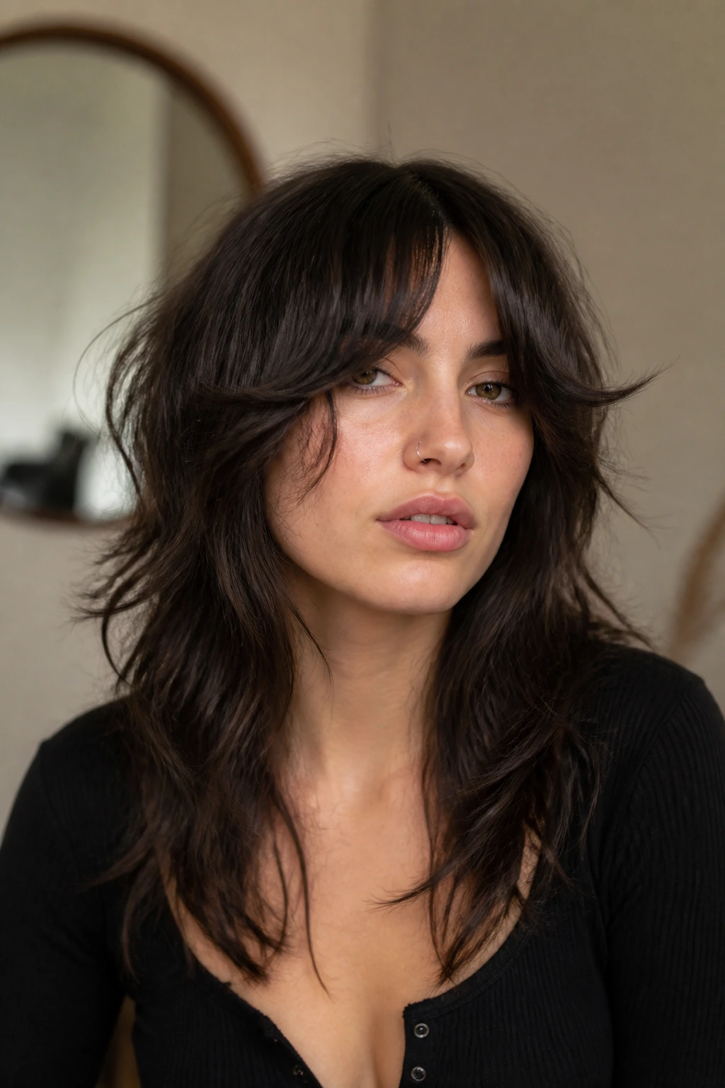 Close-up portrait of a real person with curtain bangs and a wolf cut framing the face