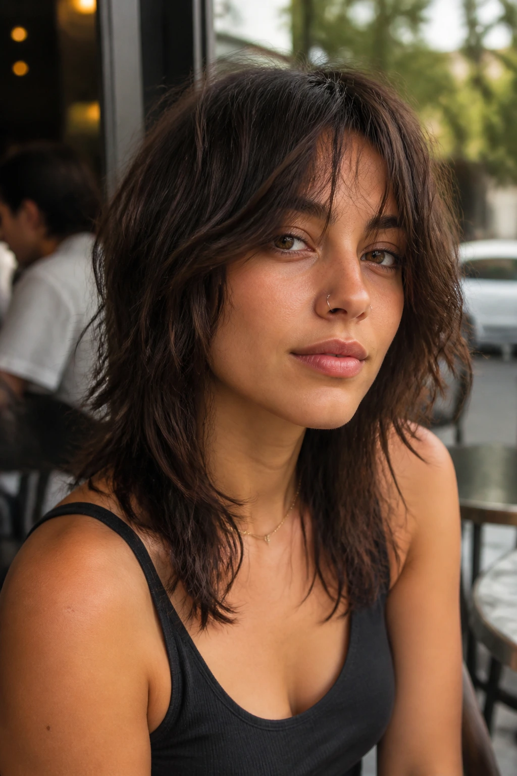 Close-up portrait of a real person with wolf cut curtain fringe in warm cafe light