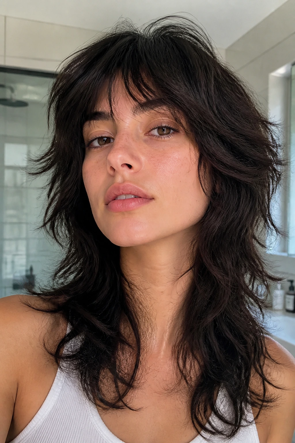Close-up of a real woman with a thick wolf cut showing movement and texture in day-two styling.