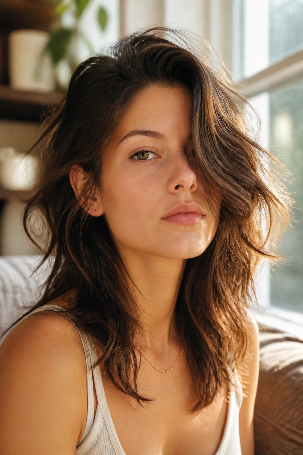 Close-up portrait of a real woman with a deep side-part wolf cut in window light.