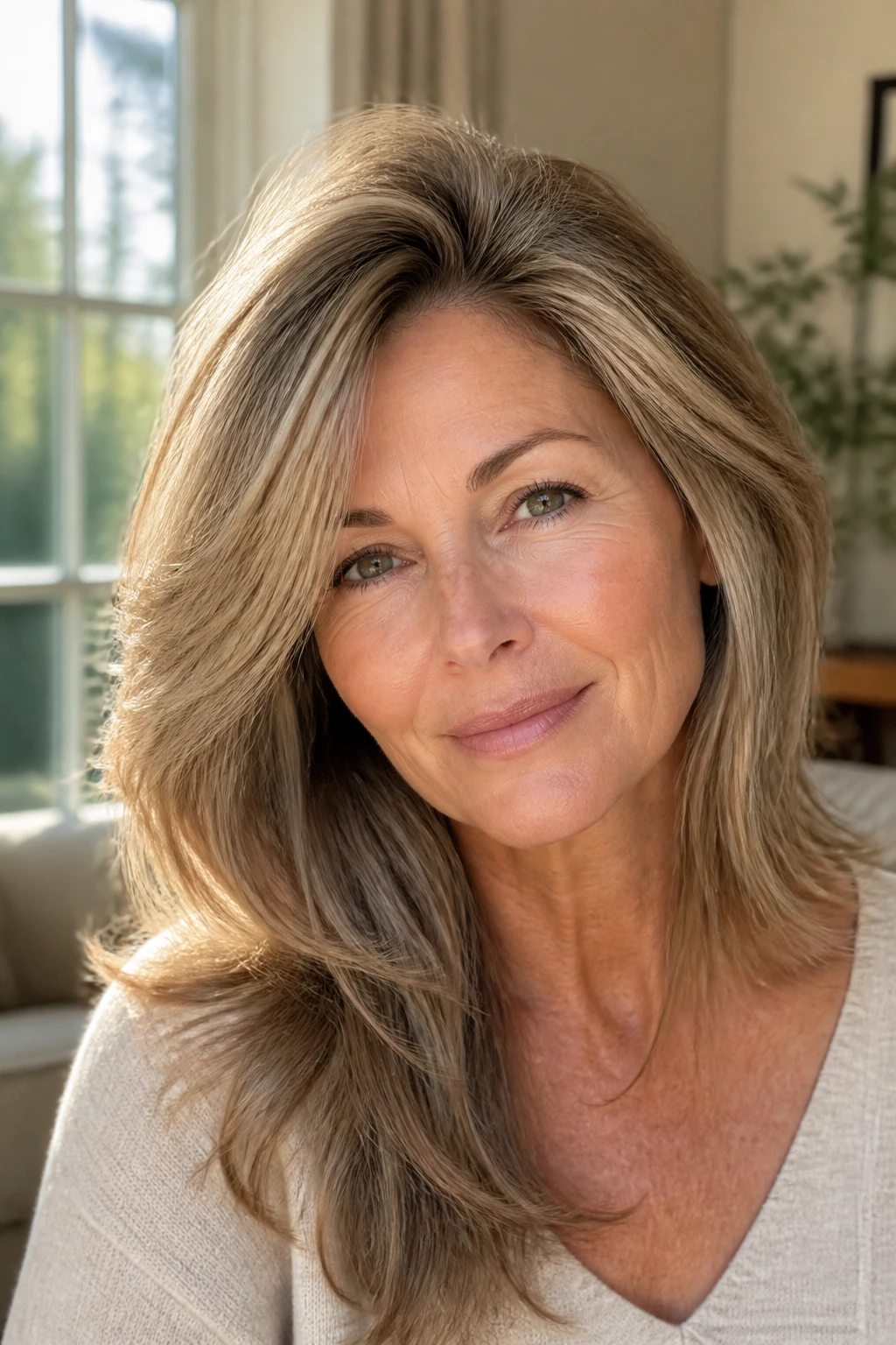Close-up portrait of a real woman with a deep side-part wolf cut in bright sunlight