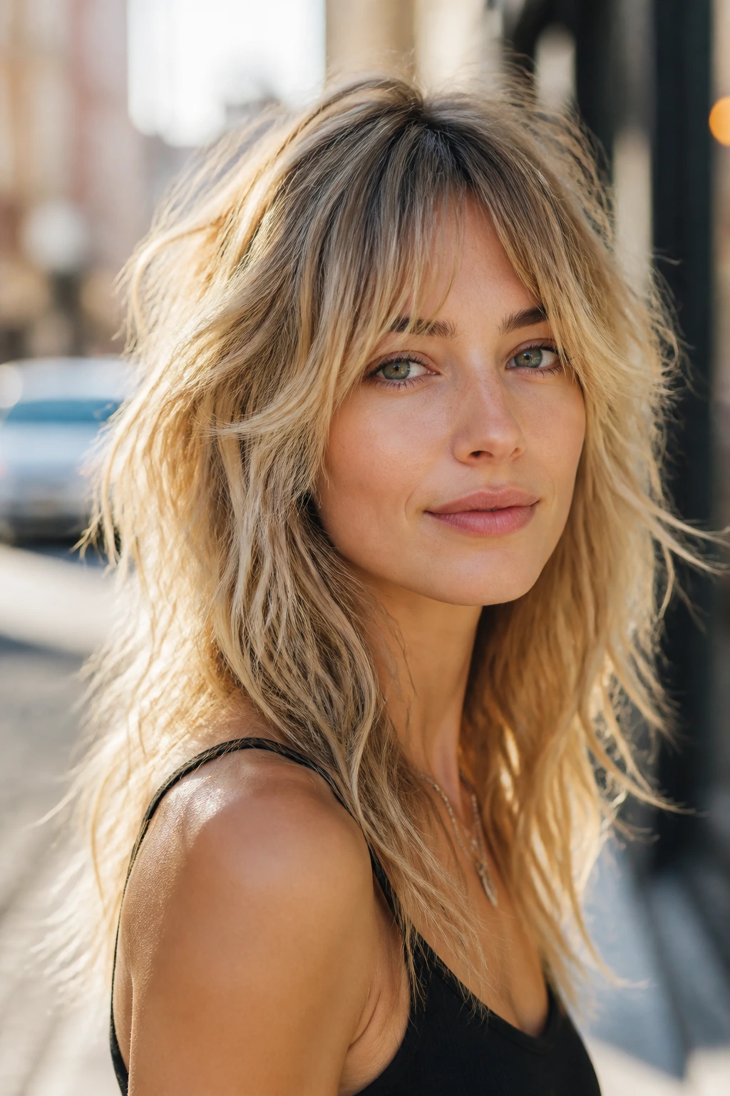 Portrait of a real person with dimensional blonde wolf cut showing depth and light.