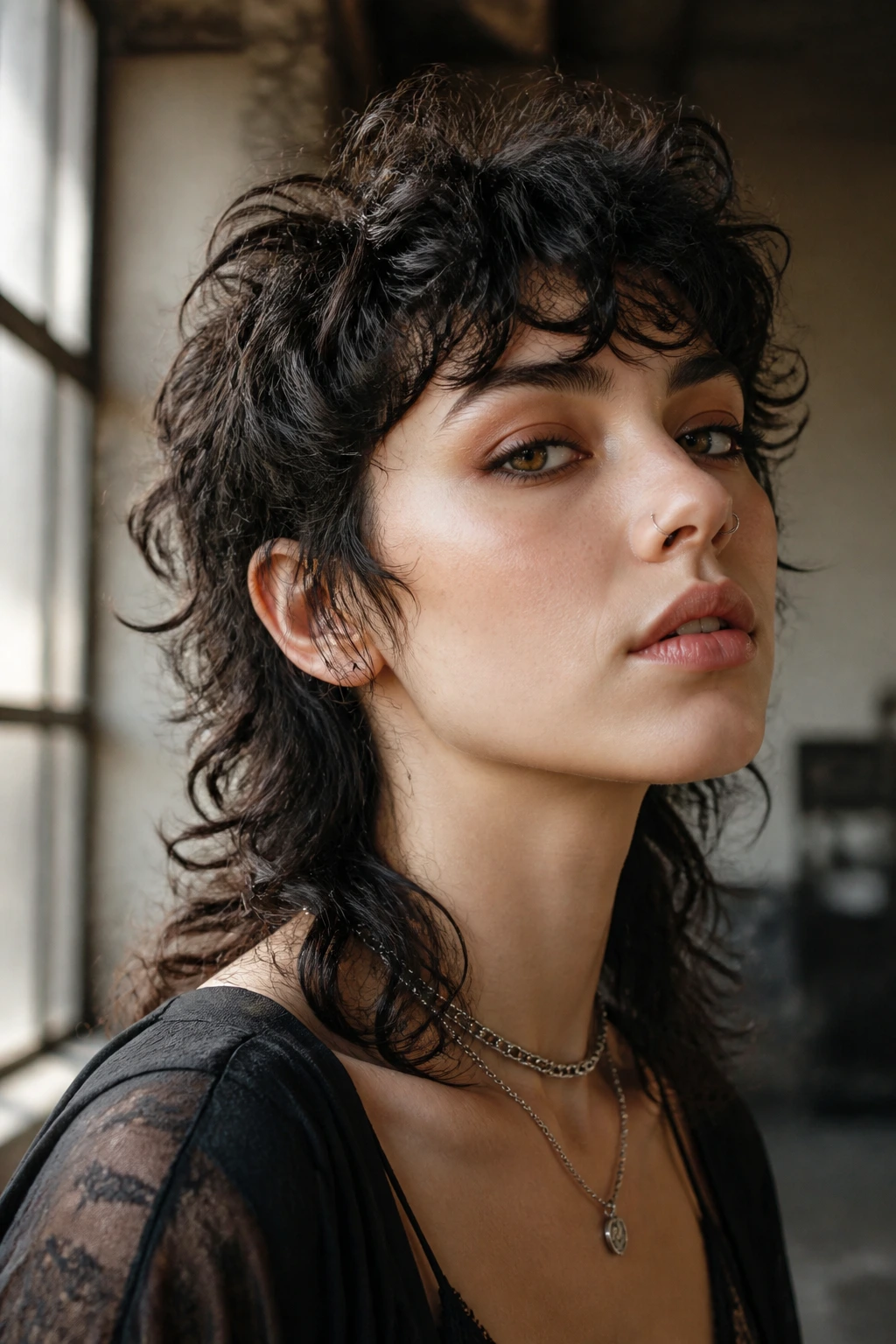Close-up portrait of a real person with a shaggy mullet edge wolf hairstyle