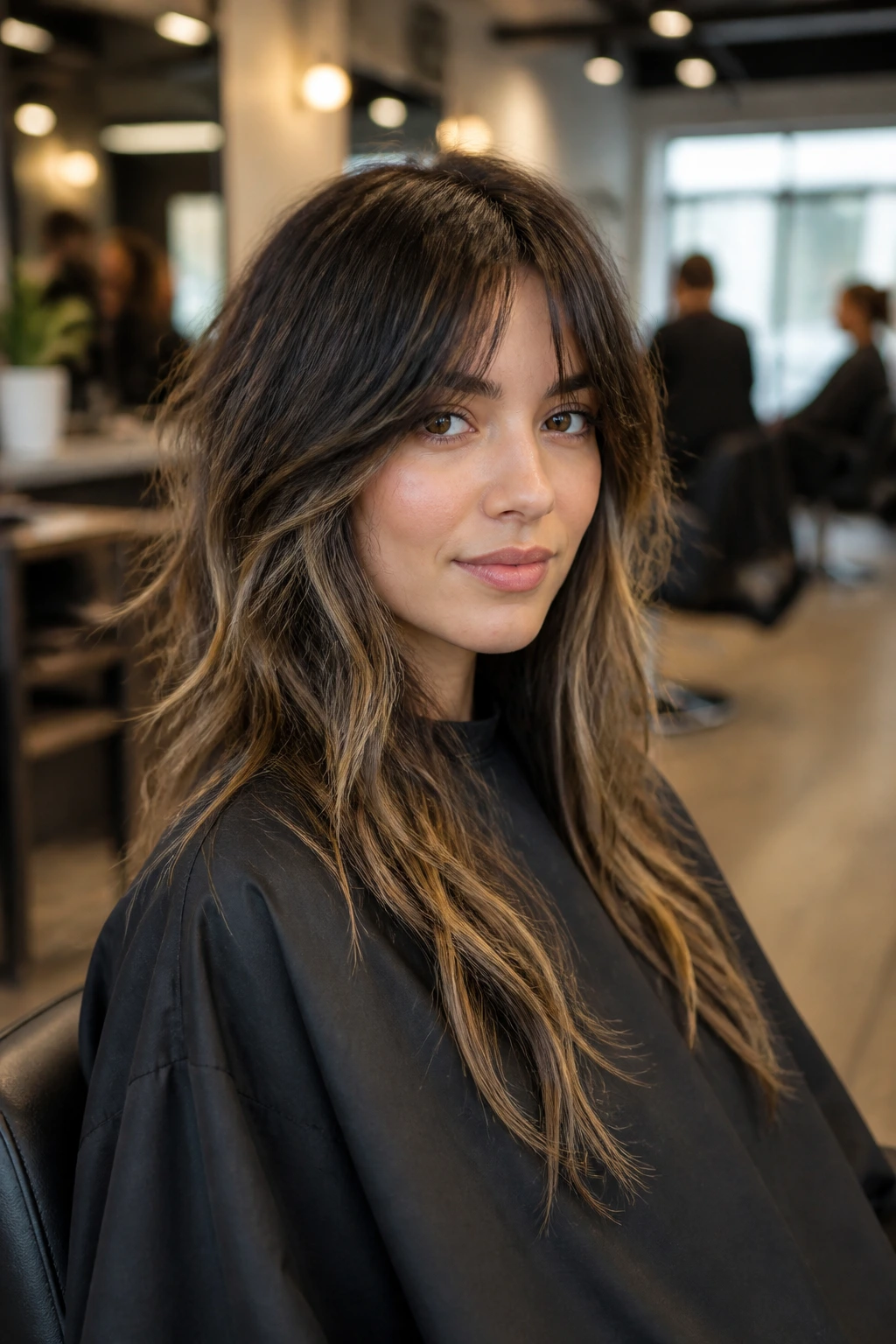 Real person in salon chair with long wolf cut, ready to discuss length with stylist