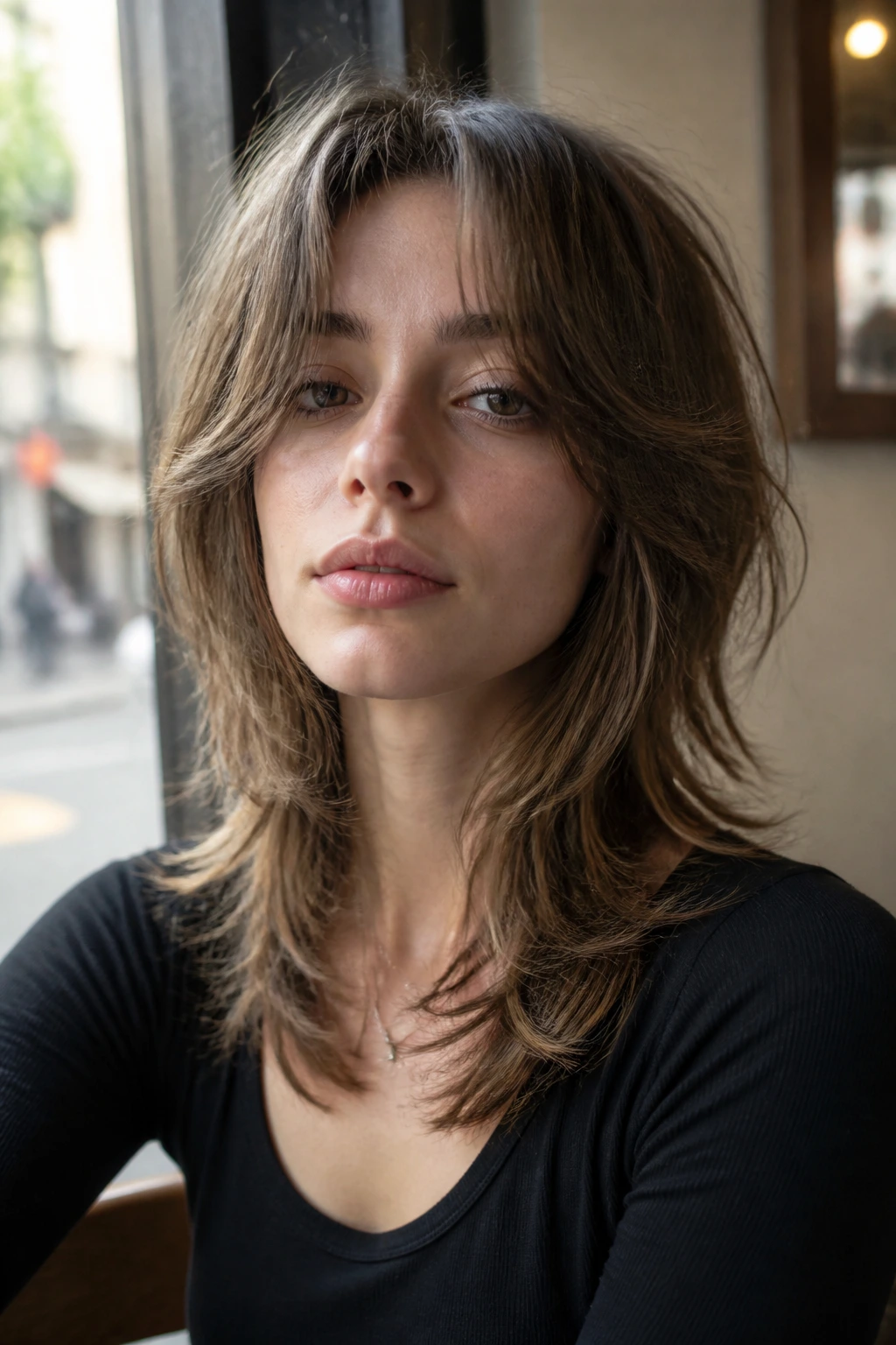 Real person wearing a long face-framing wolf cut with cheekbone-level front frame.