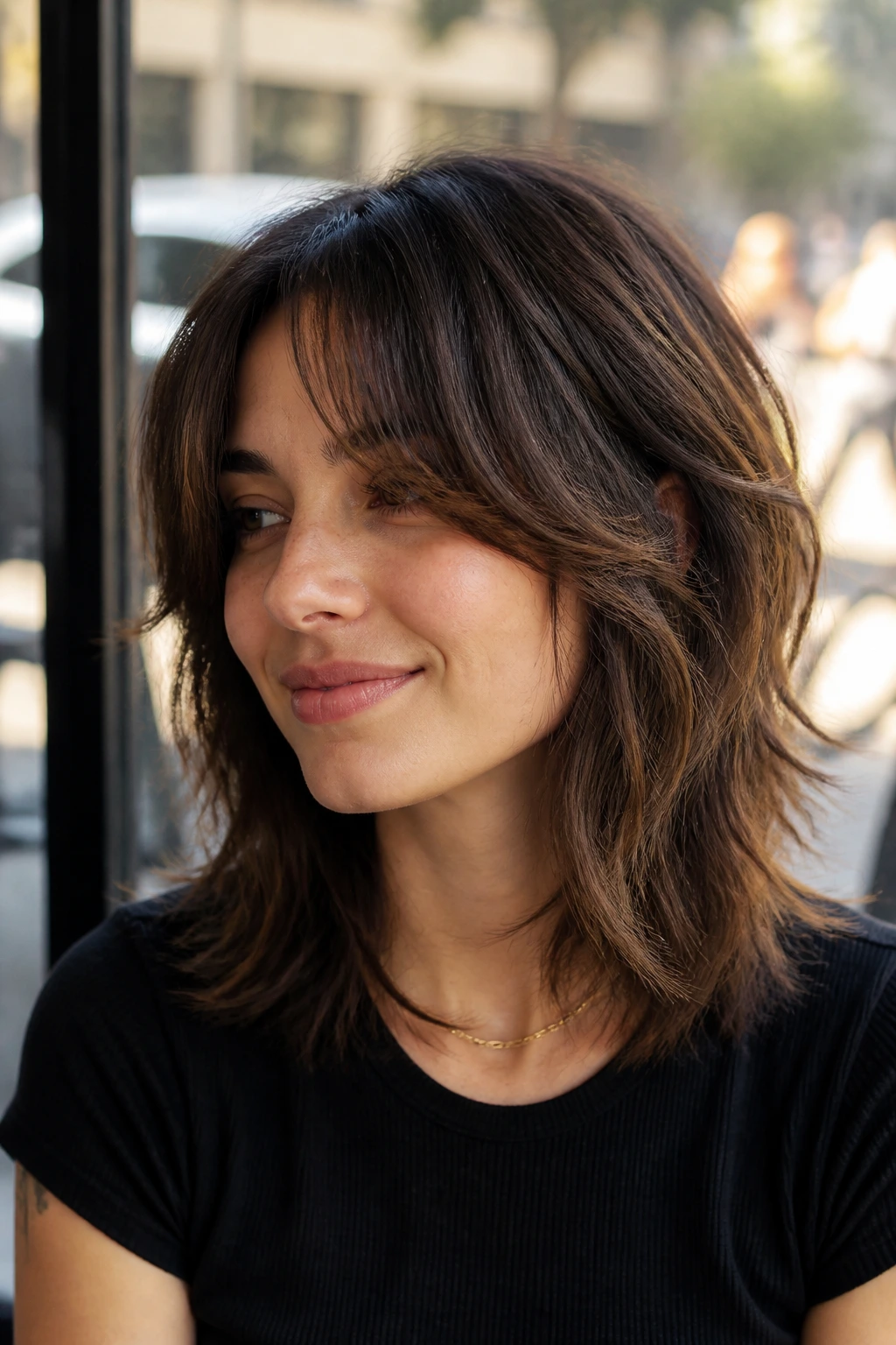Close-up of a real person with shoulder-length wolf cut and face-framing bangs in cafe-window light
