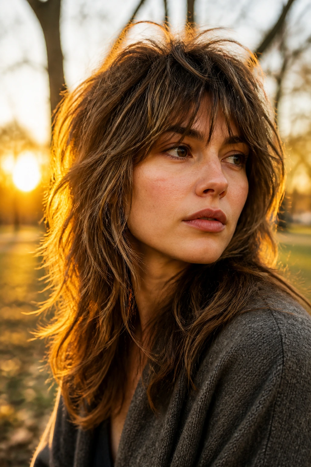 Close-up of a real woman with feathered wolf cut and textured fringe in golden hour light